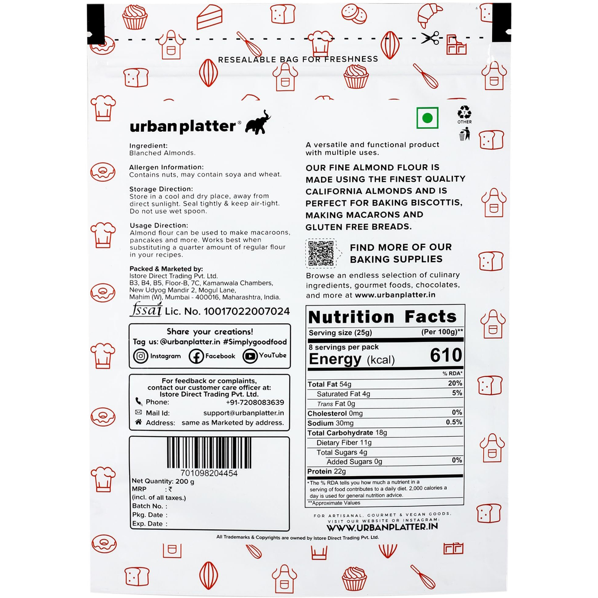 Urban Platter California Fine Almond Flour, 200g [Gluten-Free | Low-carb | Unblanched | Protein Rich]