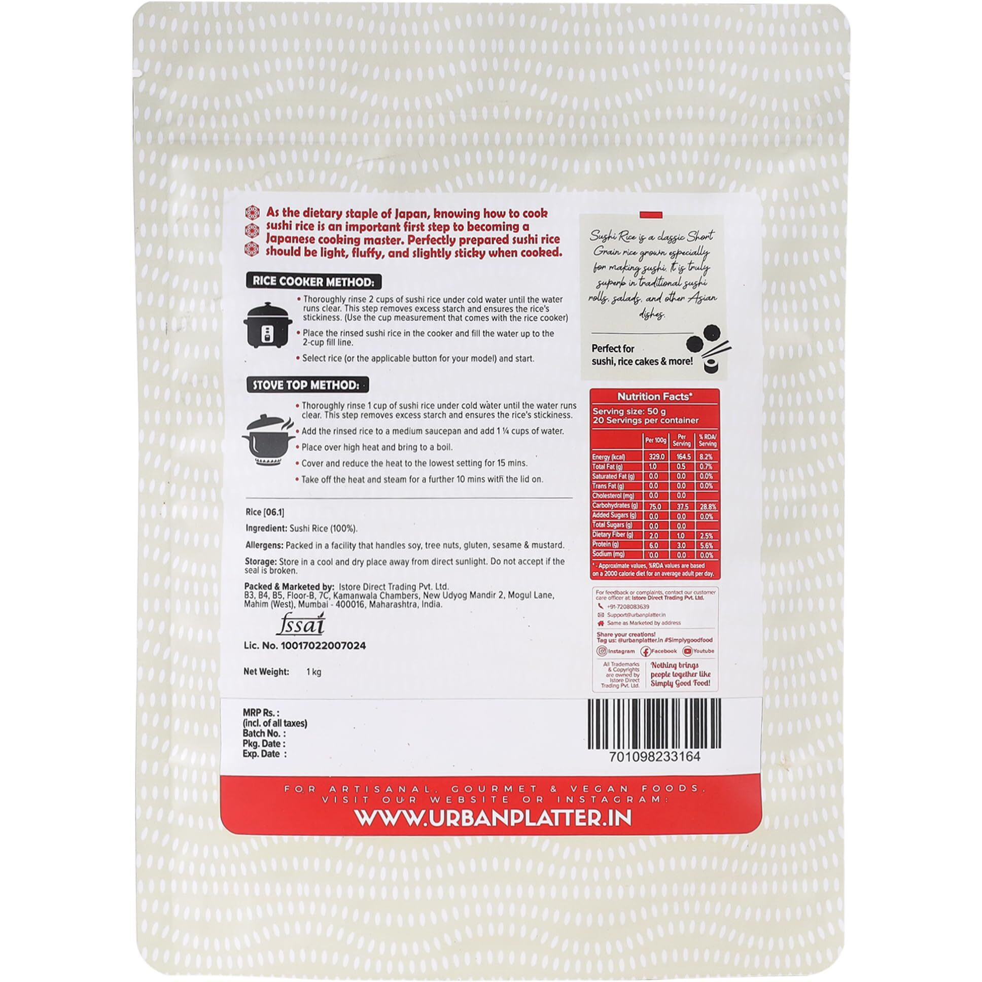Urban Platter Short Grain Sushi Rice, 1kg (Japanese Cuisine | Sticky and Aromatic)