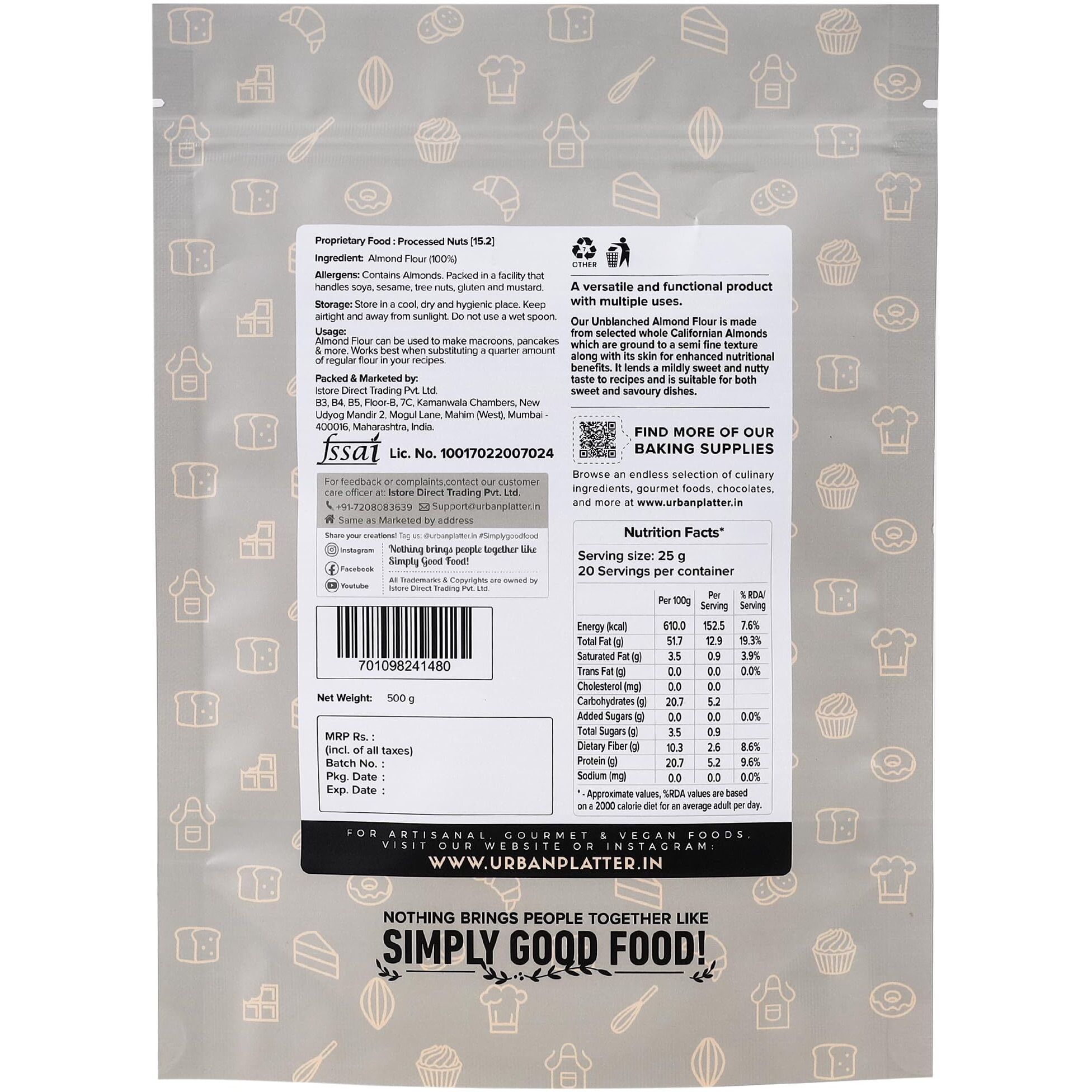 Urban Platter Natural Almond Flour, 500g [Gluten-Free, Low-carb, Unblanched, Keto-Friendly]