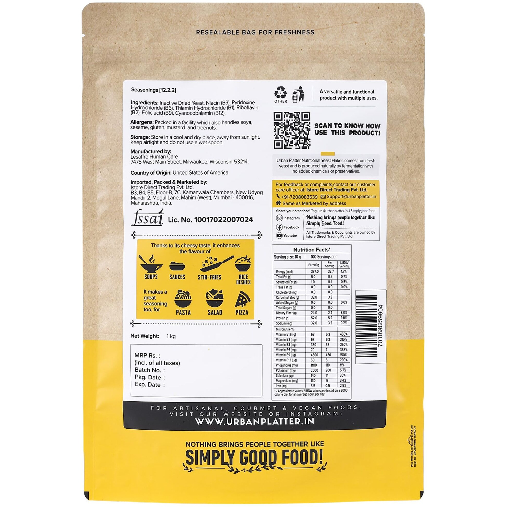 Urban Platter Nutritional Yeast Flakes, 1Kg [Good Source of B-Vitamins| Gluten Free| Nutty and Cheesy Tasting Nooch | Perfect for Vegetarians | Seasoningc| HORECA Pack]