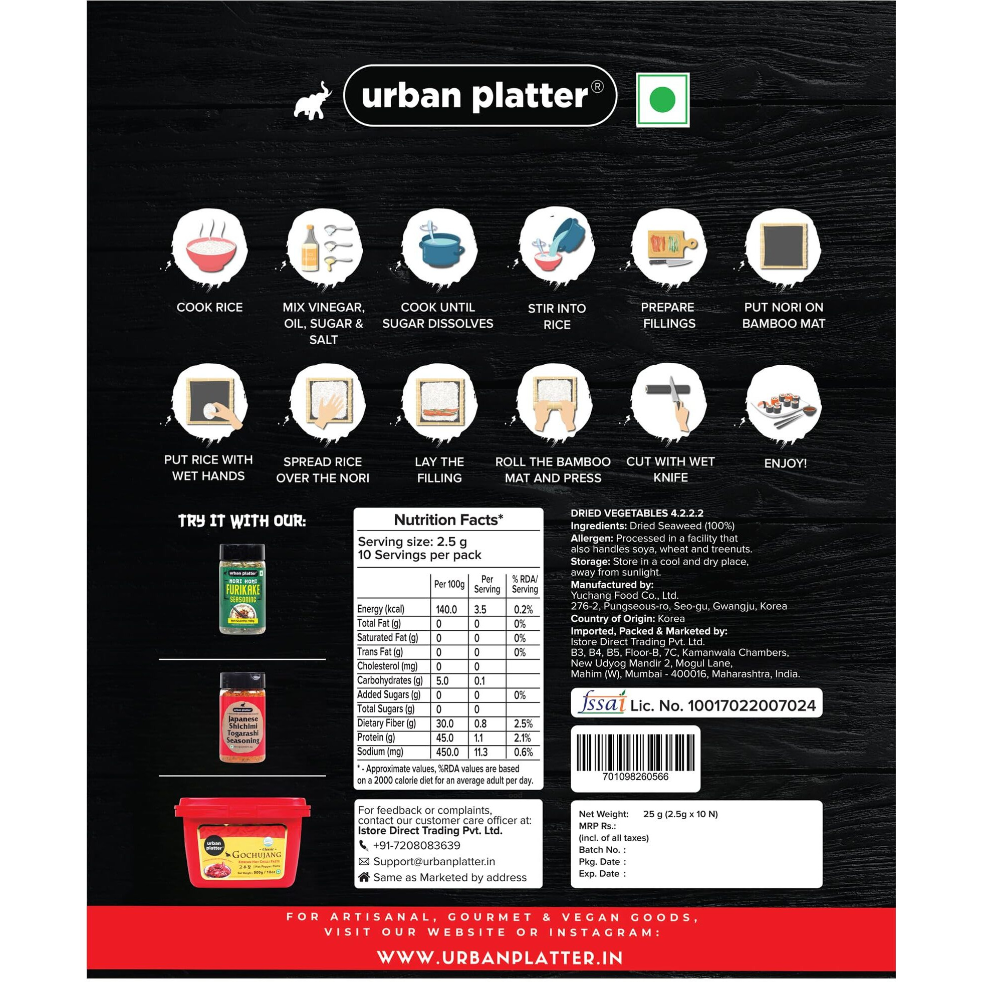 Urban Platter Sushi Nori Sheets, 25g [Roasted Seaweed Laver | Pack of 10 Sheets | Product of Korea | Umami Flavour]