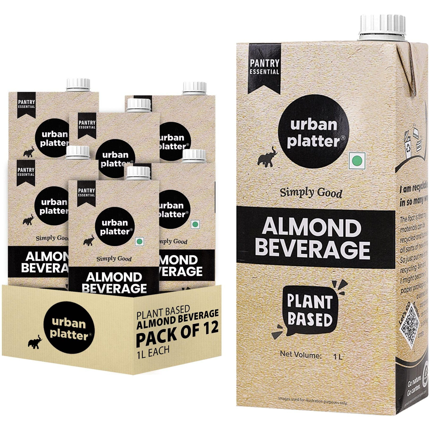 Urban Platter Almond Milk, 1 Litre [Pack of 12 | Unsweetened | Dairy-Free | Plant-Based]