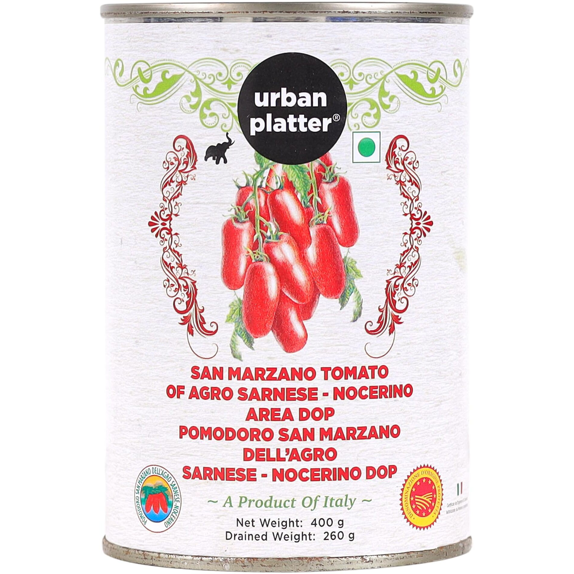 Urban Platter San Marzano Whole Peeled Tomatoes in Tomato Juice, 400g / 14oz [Drained Weight 260g, DOP, Tomates pelles Dans le Jus, Product of Italy]