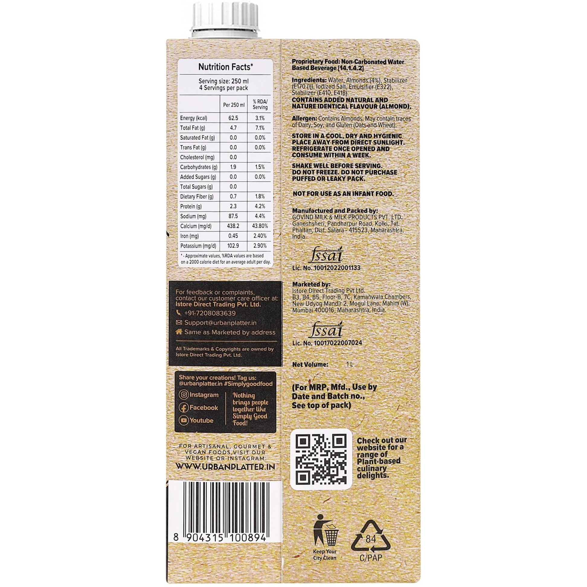 Urban Platter Almond Milk, 1L [Pack of 2, Unsweetened, Dairy-Free, Plant-Based]
