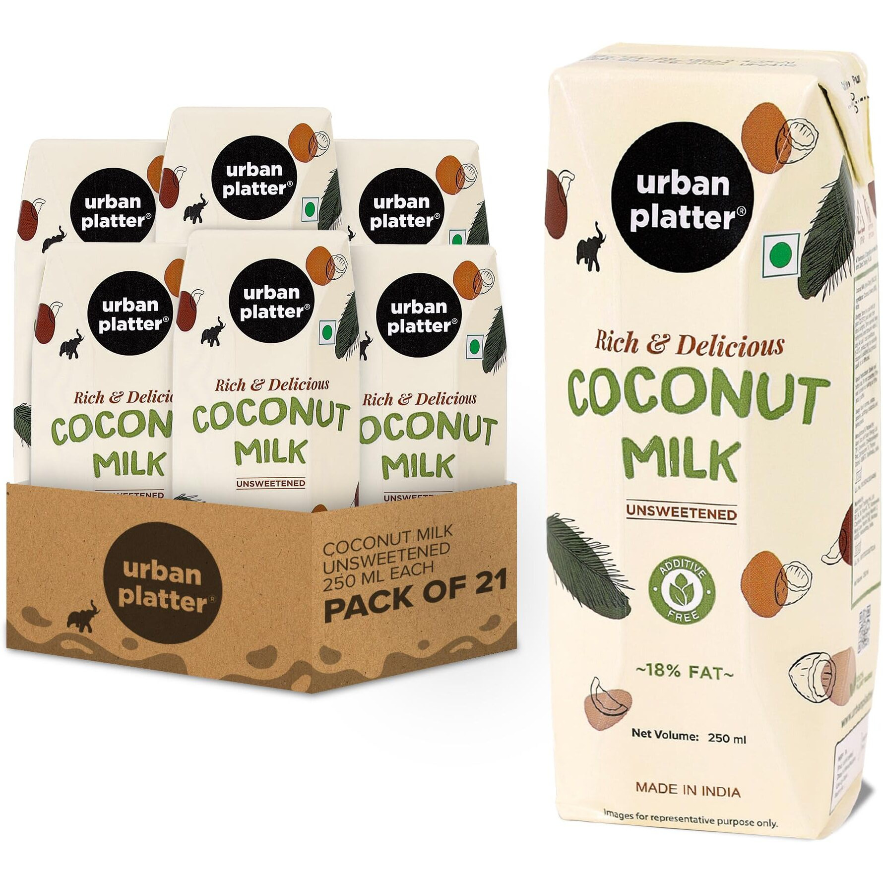 Urban Platter Unsweetened Coconut Milk, 250ml [Pack of 21] [18% Fat, Additive-Free, Made in India, 100% Pure, Clean Label]