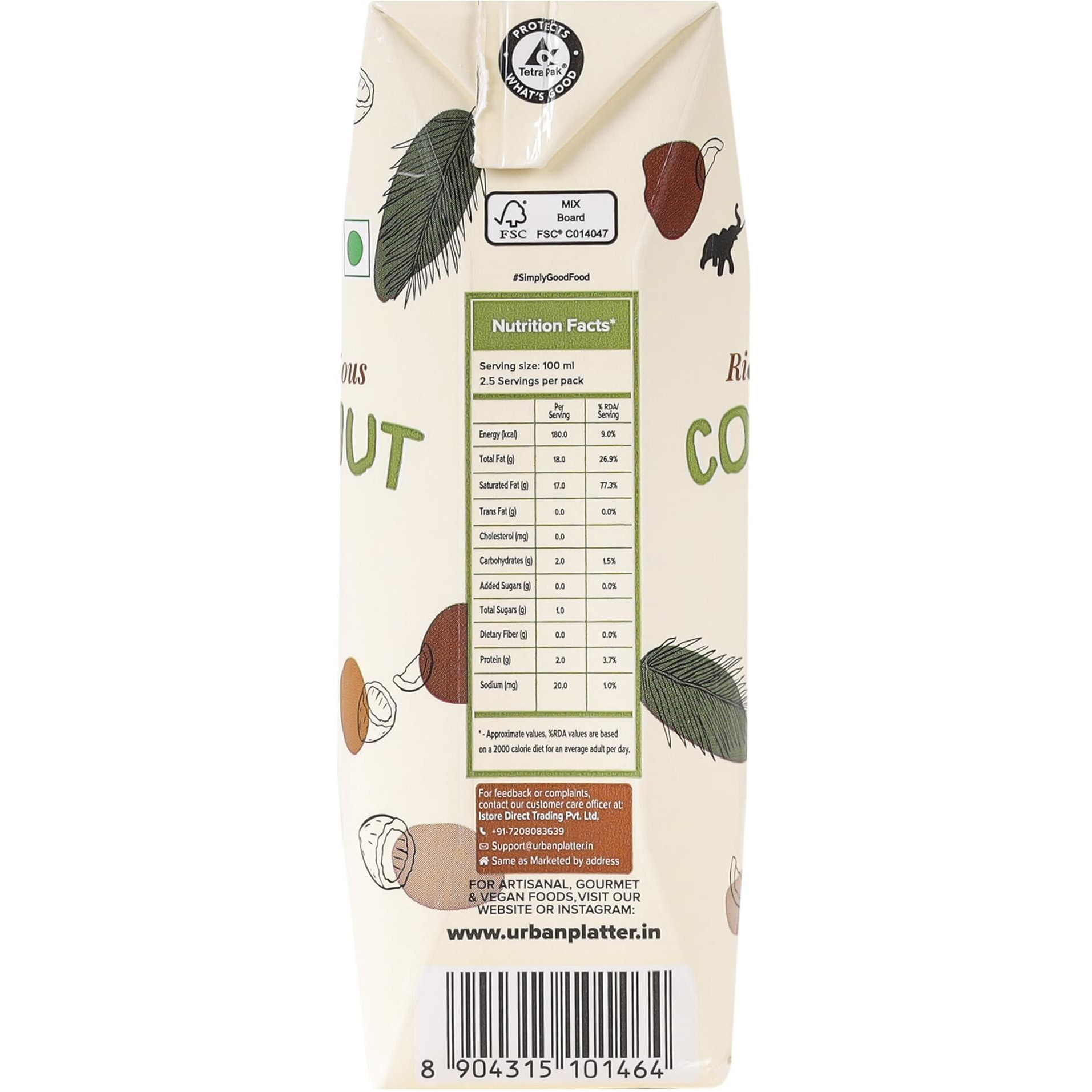 Urban Platter Unsweetened Coconut Milk, 250ml [Pack of 21] [18% Fat, Additive-Free, Made in India, 100% Pure, Clean Label]
