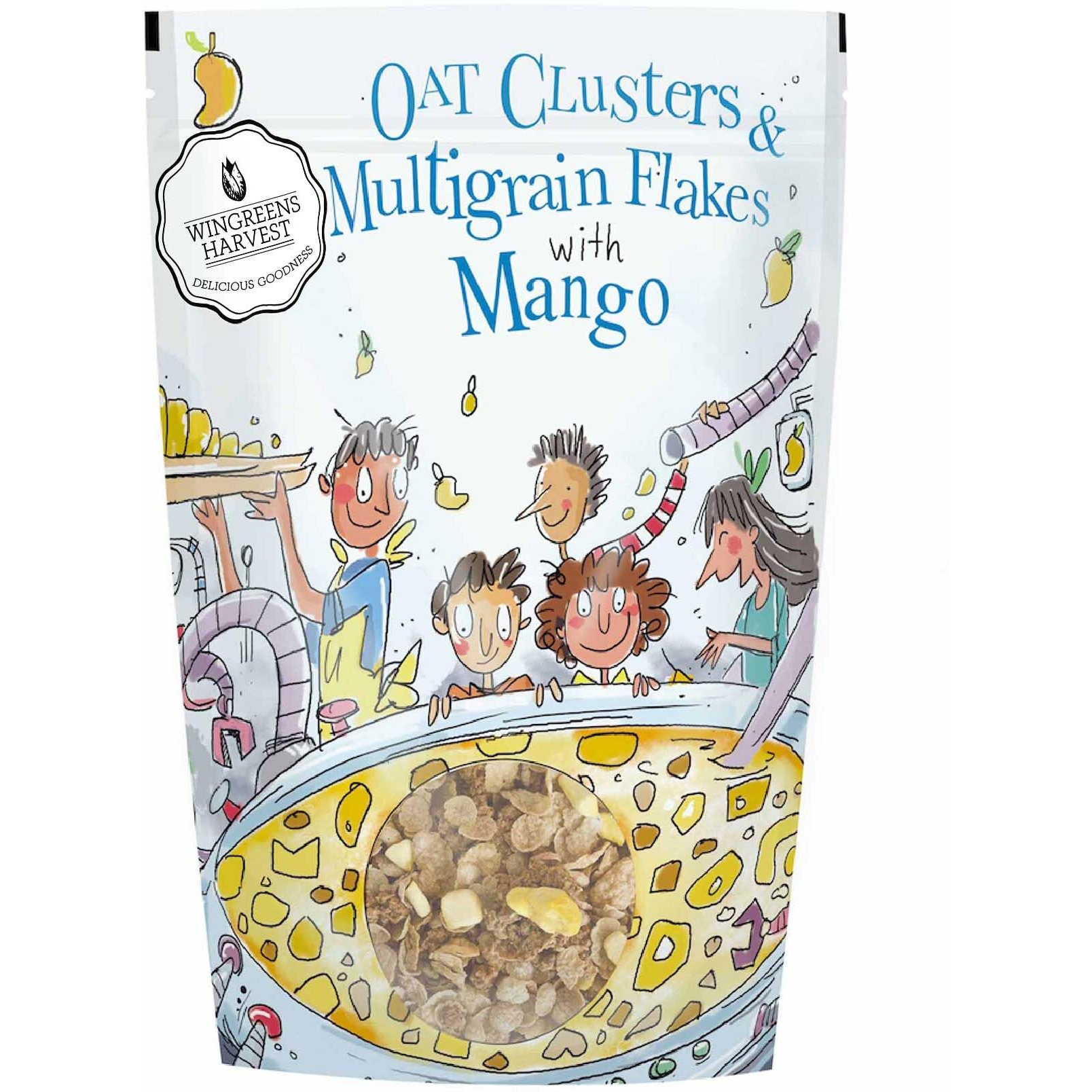 Wingreens Harvest Oats Clusters & Multigrain Flakes with Mango, 350 g| Oats, Granola, Flax Seeds| Breakfast Cereal