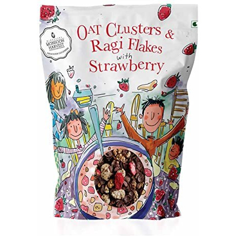 Wingreens Harvest Oats Clusters & Ragi Flakes with Strawberry| Oats, Flax Seeds, Granola| Breakfast Cereal| 350 g