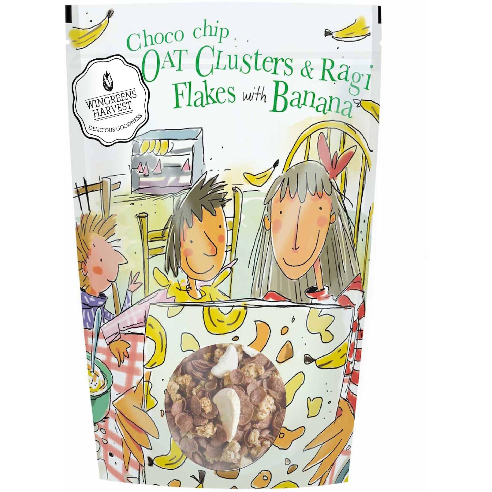 Wingreens Harvest Choco Chip Oats Clusters & Ragi Flakes with Banana, 350 g| Oats, Flax Seeds, Granola| Breakfast Cereal