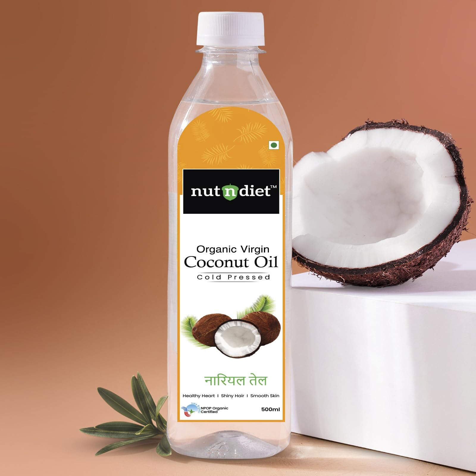 nutndiet Extra Virgin Coconut Oil Cold Pressed, Pure Organic Coconut Oil For Baby Massage, Hair Care, Skin Care And Cooking, PET Bottle 500ml