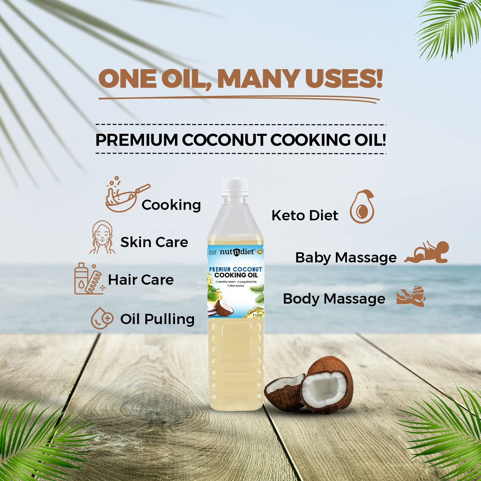nutndiet Premium Edible Coconut Oil For Cooking, PET Bottle 1 Litre