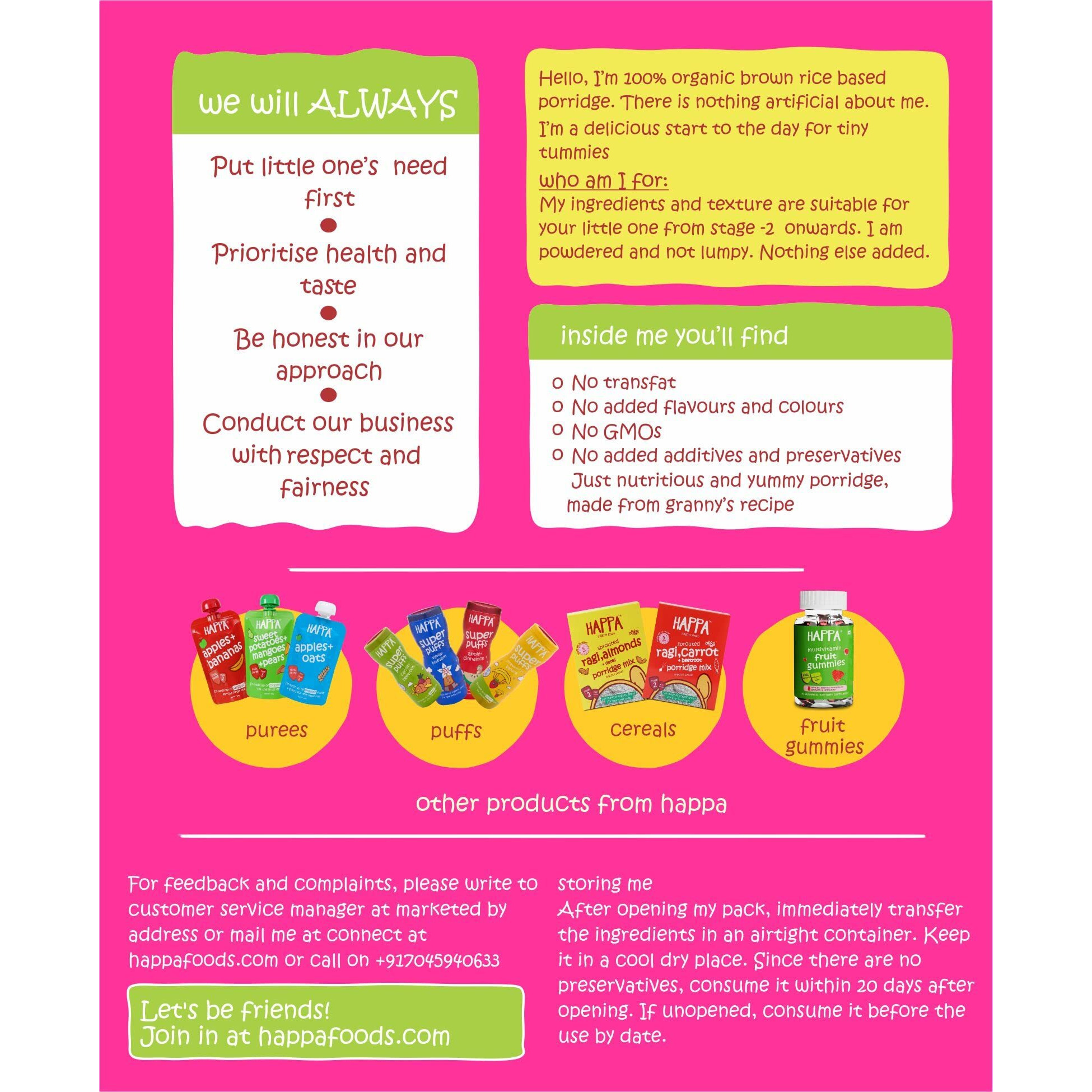 Happa Organic Baby Food Brown Rice, Apple and Banana Cereal Mix | Instant ready by adding warm water | No Milk | No Added Sugar - 200g