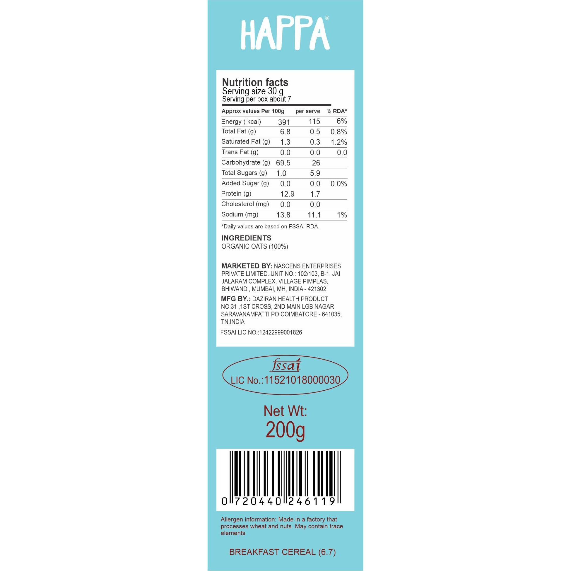 Happa Organic Baby Food Oatmeal Porridge Mix Cereal | Vitamin Mineral Powerhouse | Instant Health Food | 100% Natural and Organic Khichdi | No Added Salt, Sugar or Milk | No preservatives | 200gm