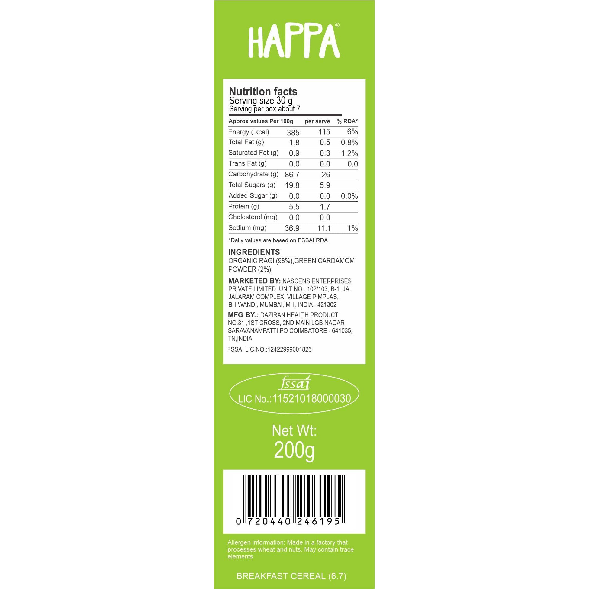 Happa Organic Baby Food Sprouted Ragi Porridge | Calcium Booster - Bone Strength | Instant Health Food | 100% Natural, Organic Khichdi | No Added Salt, Sugar or Milk | No preservatives | 200gm