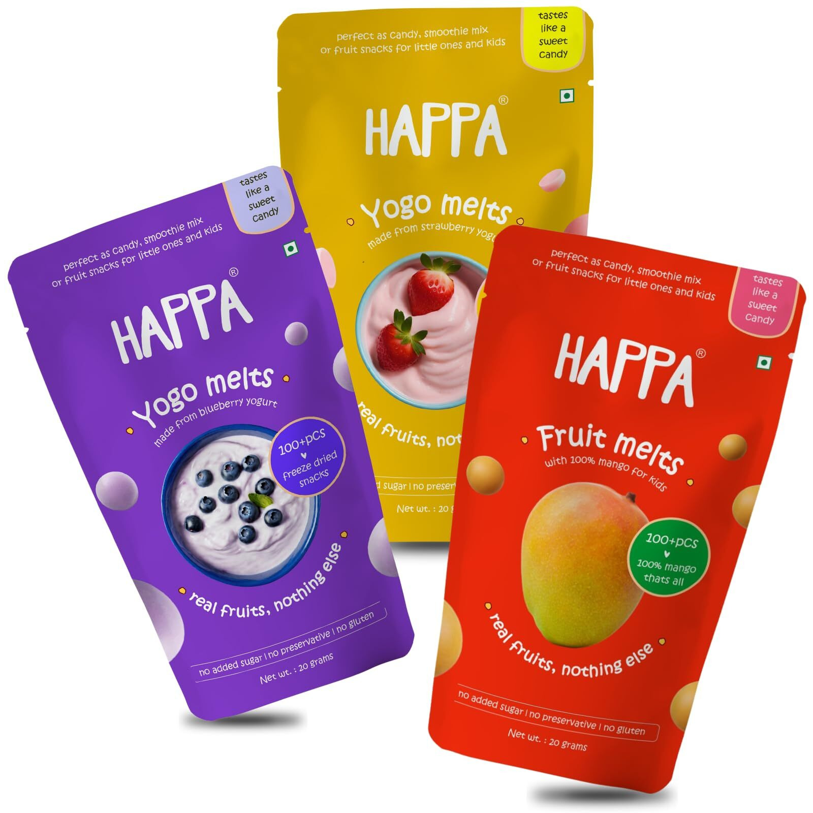 Happa Fruit Melts and Yogo Melts | Mango, Strawberry and Blueberry | Real Fruit and Yogurt snacks | Probiotics, Protien and Calcium |Safe from 8 months onwards | Easy to Carry | Pack of 3