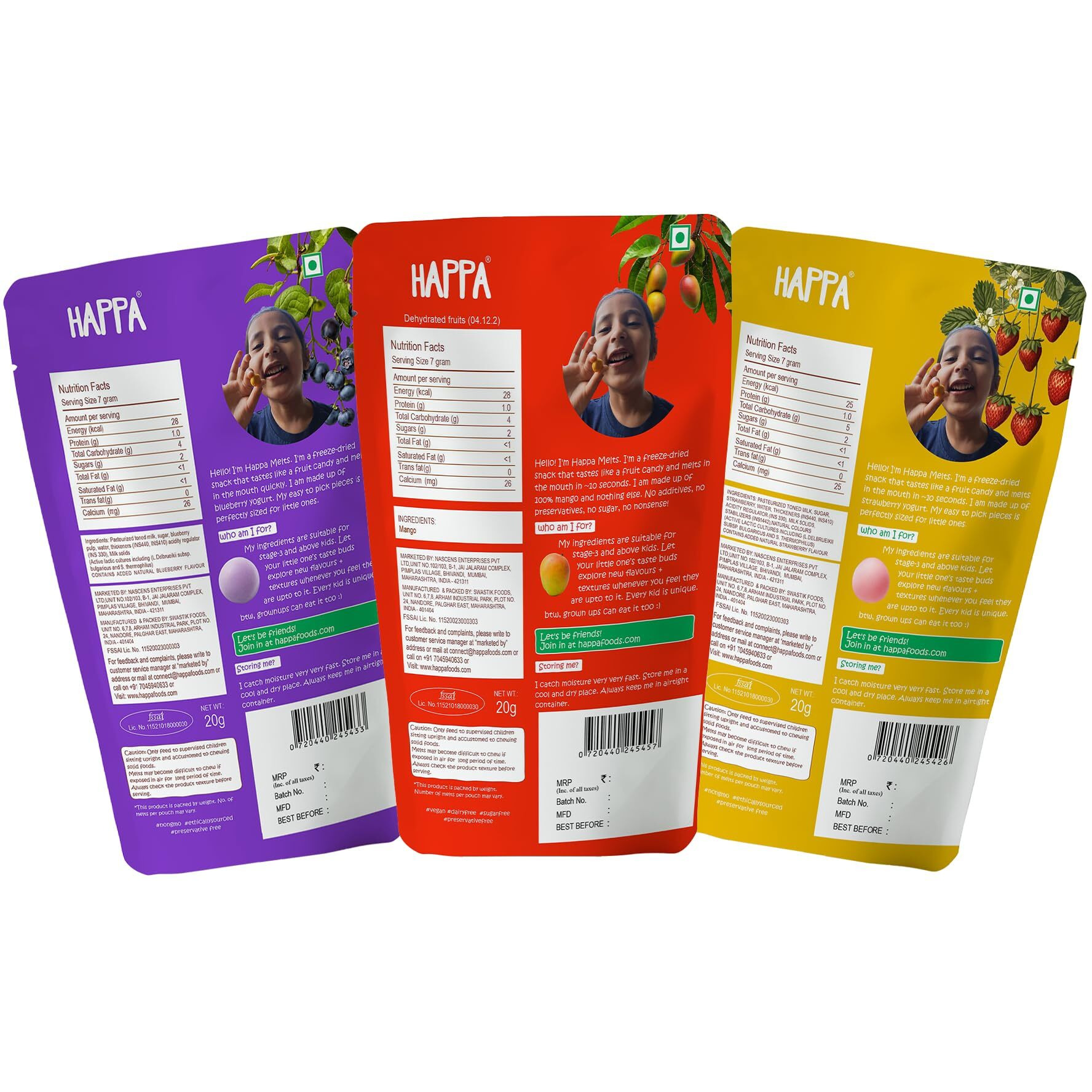 Happa Fruit Melts and Yogo Melts | Mango, Strawberry and Blueberry | Real Fruit and Yogurt snacks | Probiotics, Protien and Calcium |Safe from 8 months onwards | Easy to Carry | Pack of 3