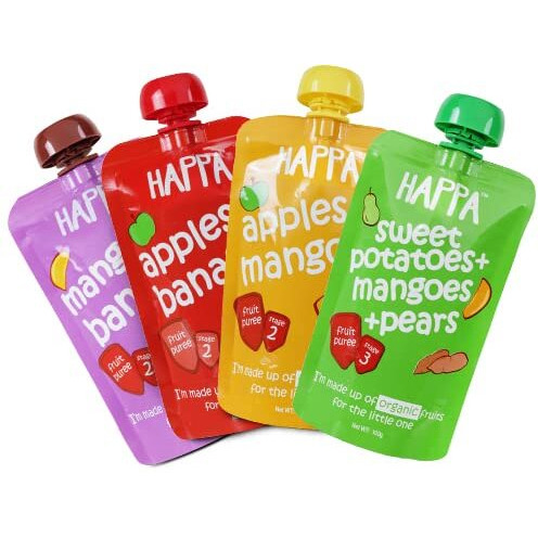 Happa Organic Food for little one, Fruit Puree (Apple+Mango, Mango+Banana, Apple+Banana, Sweet Potato+Mango+Pear) Stage 3, 4 Pouches, 100 Gram Each
