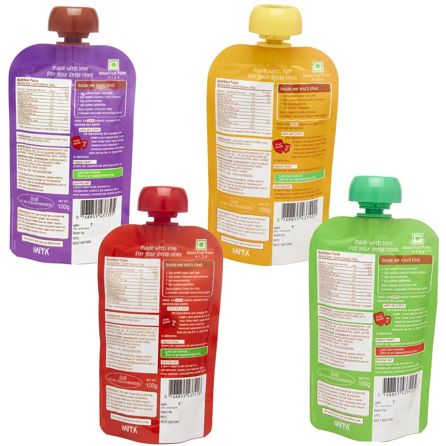 Happa Organic Food for little one, Fruit Puree (Apple+Mango, Mango+Banana, Apple+Banana, Sweet Potato+Mango+Pear) Stage 3, 4 Pouches, 100 Gram Each