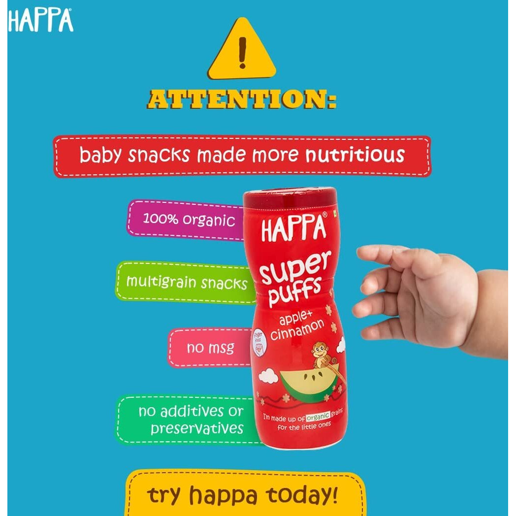 Happa Organic Multigrain Melts Teething Puffs - Pack of 4 | Nutritious, Organic Baby Food and Snacks | No Artificial Flavours | Not Fried | No Rice Bran Oil | Happa Promise
