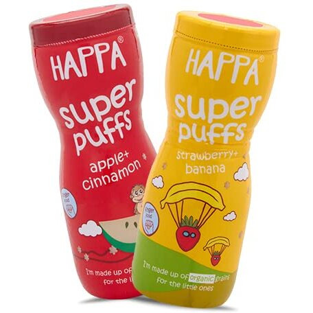 Happa Organic Multigrain Melts Teething Puffs | Apple - Cinnamon and Strawberry - Banana Nutritious, Organic Baby Food and Snacks | No Artificial Flavours | Not Fried | No Rice Bran Oil | Pack of 2