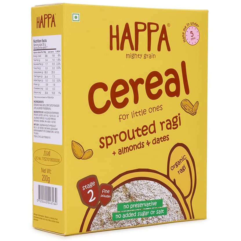 Happa Organic baby Food Ragi, Almond and Dates Porridge | Calcium Booster - Bone Strength | Instant Health Food | Sweetened with Dates| No Added Salt, Sugar or Milk | No preservatives | 200gm