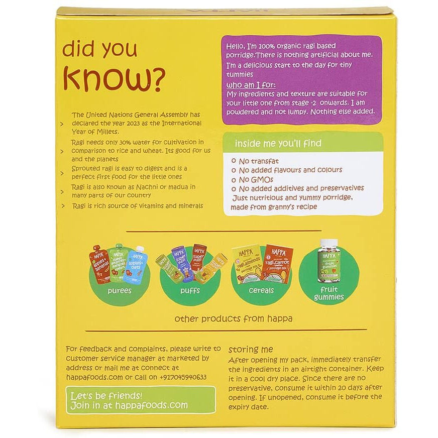 Happa Organic baby Food Ragi, Almond and Dates Porridge | Calcium Booster - Bone Strength | Instant Health Food | Sweetened with Dates| No Added Salt, Sugar or Milk | No preservatives | 200gm