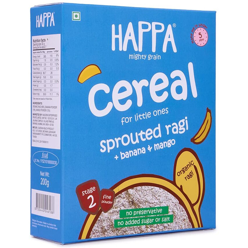 Happa Organic Baby Food Sprouted Ragi, Mango and Banana Cereal Mix Porridge | Calcium Booster - Bone Strength | 100% Natural, Organic Khichdi | No Added Salt, Sugar or Milk | No preservatives | 200gm