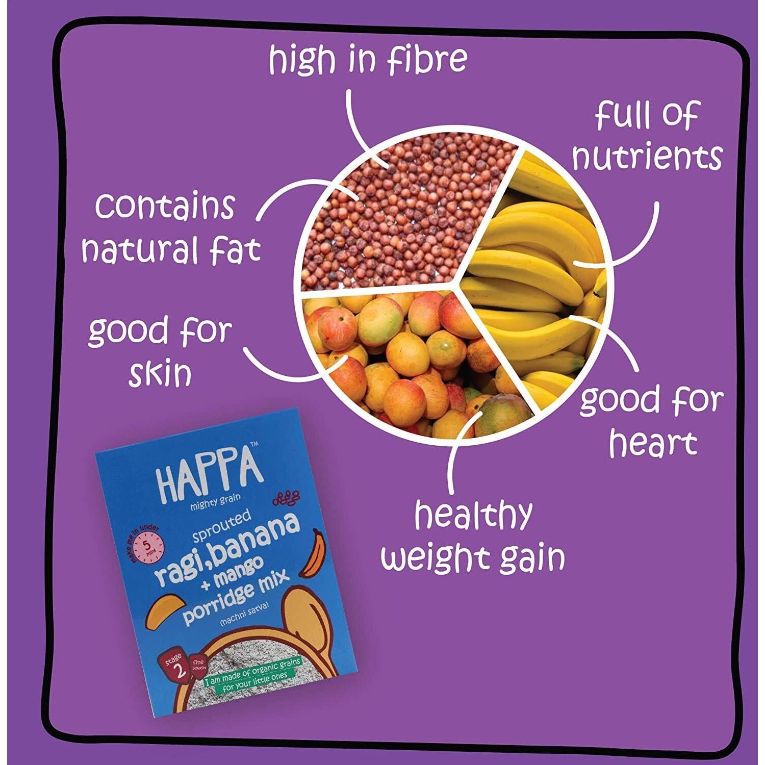 Happa Organic Baby Food Sprouted Ragi, Mango and Banana Cereal Mix Porridge | Calcium Booster - Bone Strength | 100% Natural, Organic Khichdi | No Added Salt, Sugar or Milk | No preservatives | 200gm