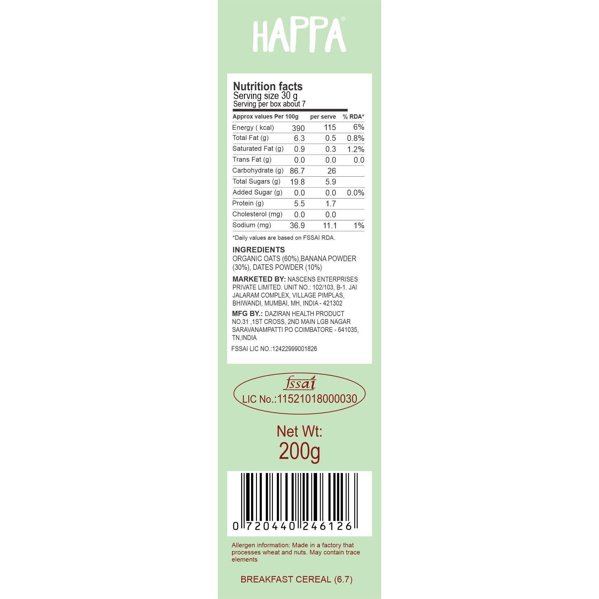 Happa Organic Baby Food Oatmeal and Banana Porridge Mix Cereal | Vitamin and Mineral Powerhouse | Instant Health Food | 100% Organic Khichdi | No Added Salt, Sugar or Milk | No preservatives | 200gm