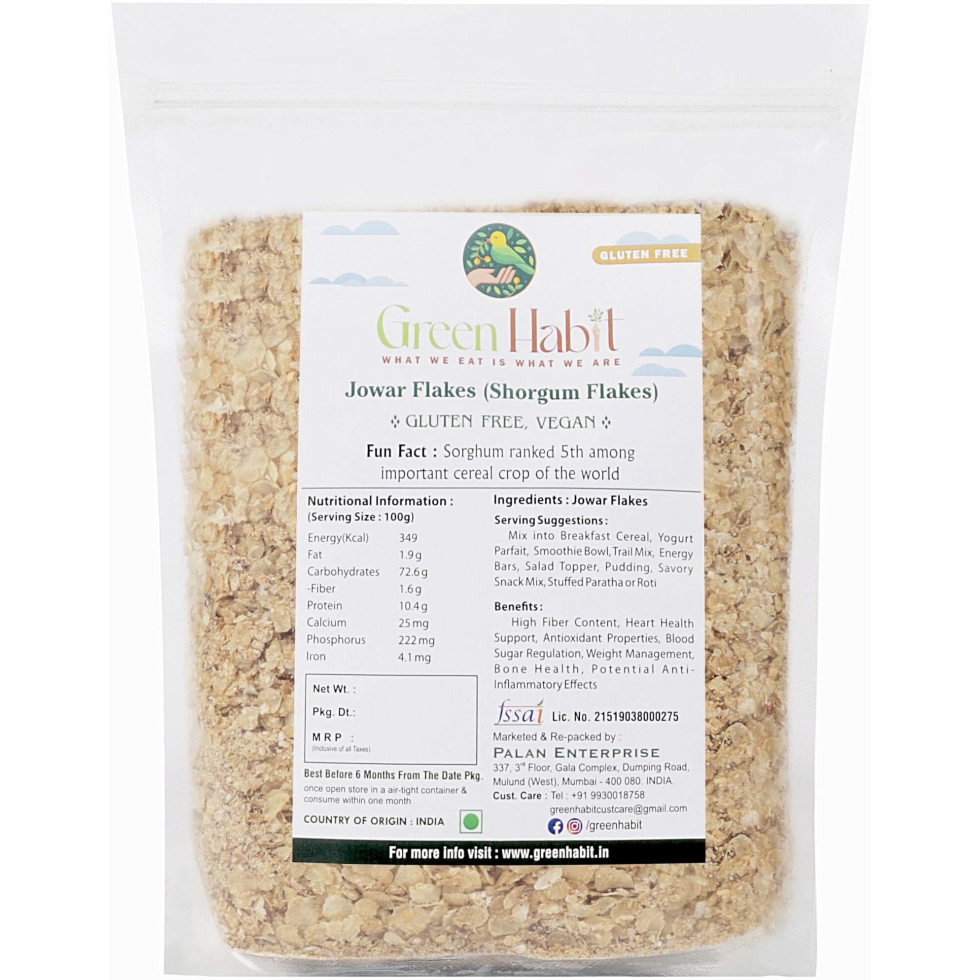 GreenHabit Jowar Flakes - Nutritious and Gluten-Free Sorghum Cereal - High Fiber Breakfast Vegan (Jowar Flakes, 1 kg)