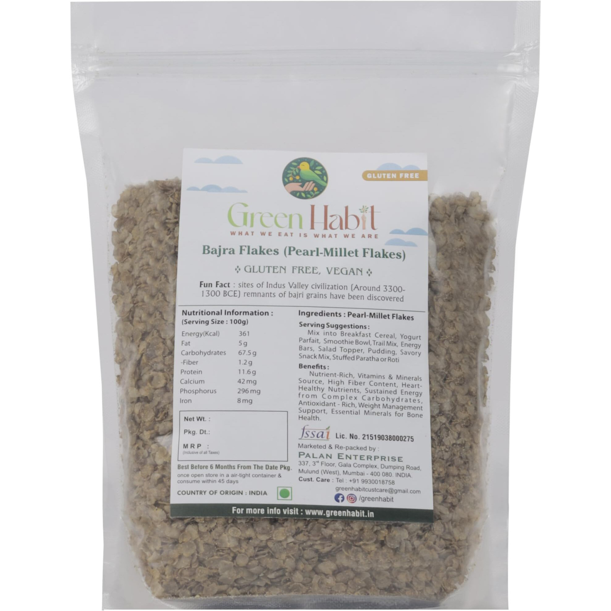 GreenHabit Bajra Flakes - Nutritious and Gluten-Free Pearl millet Poha Cereal - High Fiber Breakfast Vegan (Bajra Flakes, 1 kg)