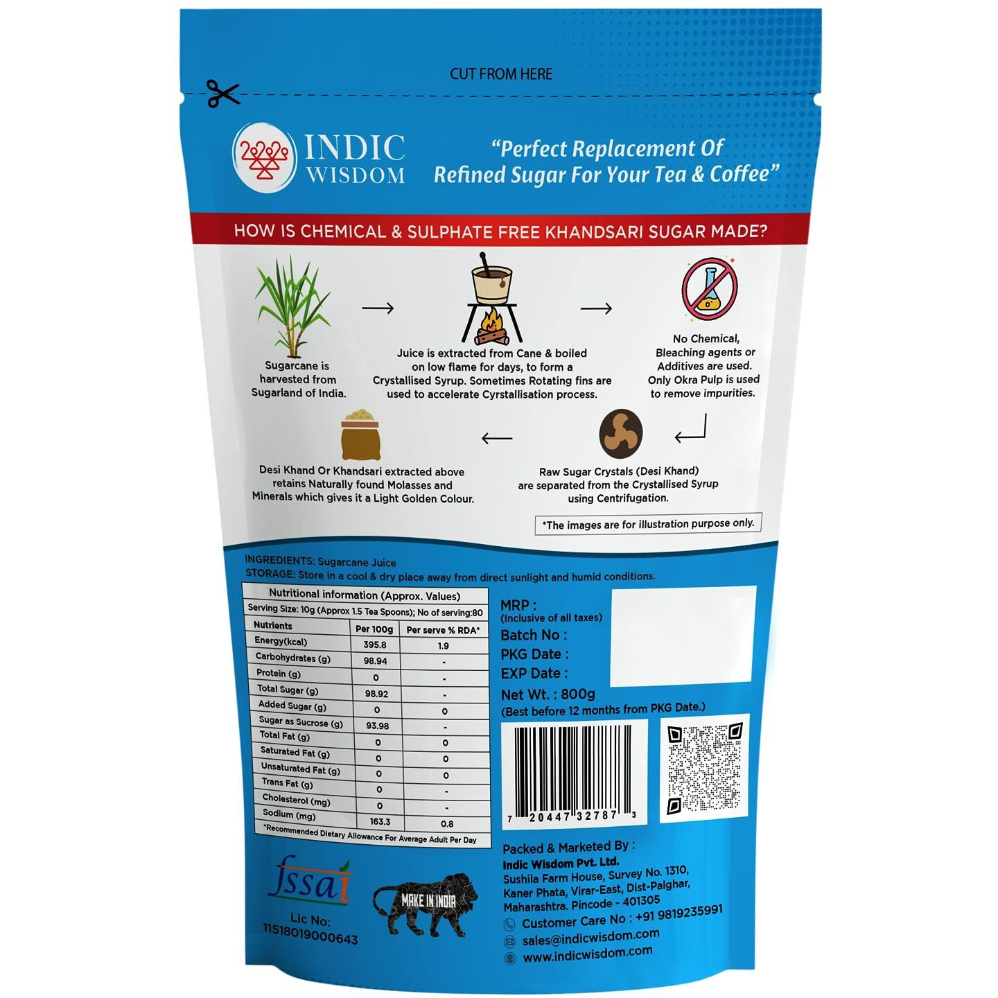 IndicWisdom Khandsari Sugar 800gm | Unprocessed/Unrefined or Raw Sugar | Desi Khand | No Sulphur Processing or Chemical Additives