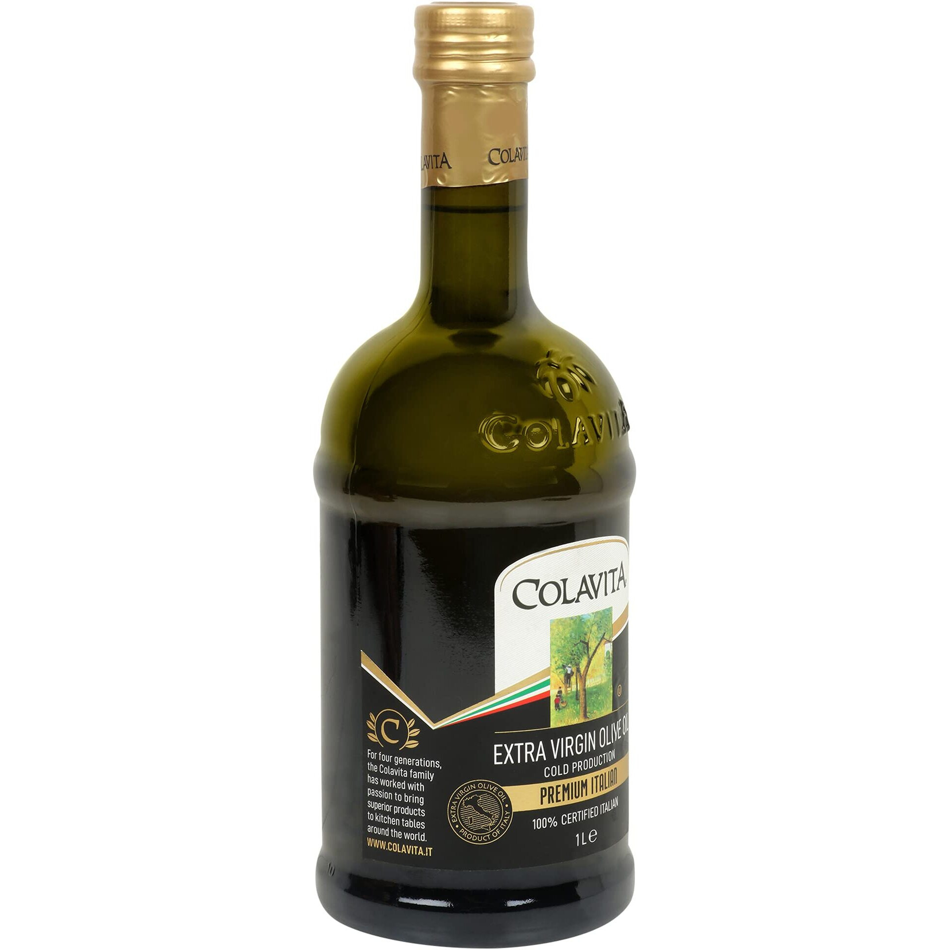 Colavita Extra Virgin Olive Oil (1L) | MATURE ITALIAN (less than 12 months old) | Cold Pressed Oil from Italian grown Olives | Premium Olive Oil for Cooking, Dips and Marinades | Timeless Bottle Pack