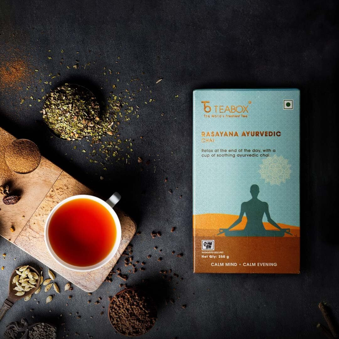 Teabox Rasayana Ayurvedic Chai 250 Grams | Evening Ayurvedic chai handcrafted to relieve daily stress | Blended with Ayurvedic spices & herbs