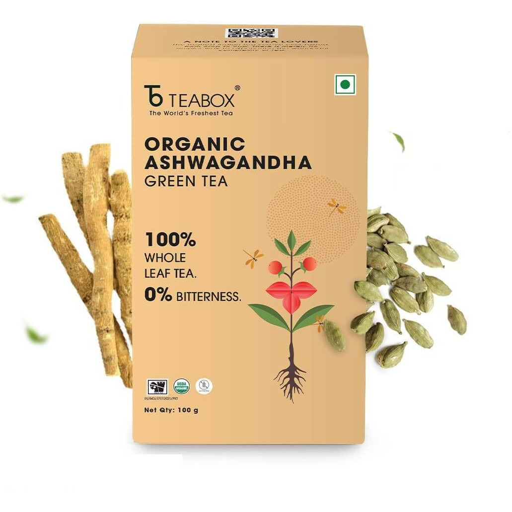 Teabox Organic Ashwagandha Green Tea 100 grams | Ayurvedic Blend of Premium Green Tea and Natural Ashwagandha | Boosts Immunity and Improves Memory