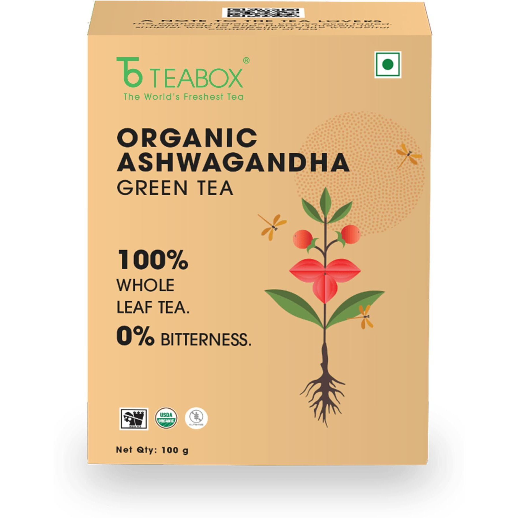 Teabox Organic Ashwagandha Green Tea 100 grams | Ayurvedic Blend of Premium Green Tea and Natural Ashwagandha | Boosts Immunity and Improves Memory