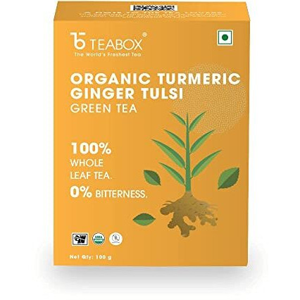 Teabox Organic Turmeric Ginger Tulsi Green Tea 100 grams | For Immunity Boosting, Digestion and Sore Throat | 100% Whole Leaf Tea, 0% Bitterness