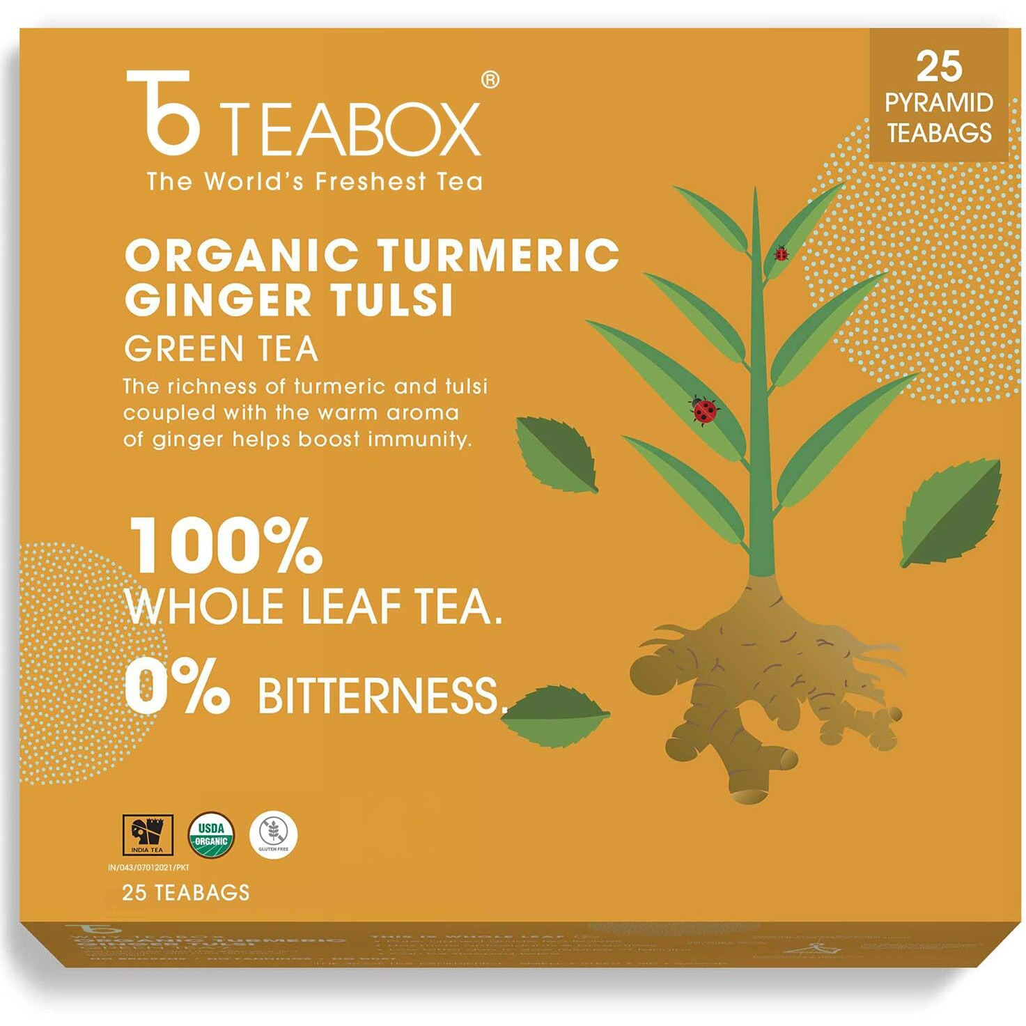 Onlyleaf Turmeric Ginger Tulsi Green Tea, 25 Tea Bags with 2 Free Exotic Samples
