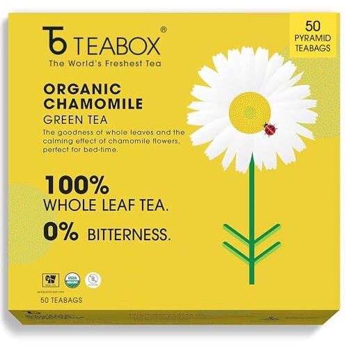 Teabox Premium Organic Green Tea With Chamomile Flowers | 100% Whole Leaf Green Tea From The Himalayas | USDA ORGANIC | 50 Tea Bags (Low Caffeine)