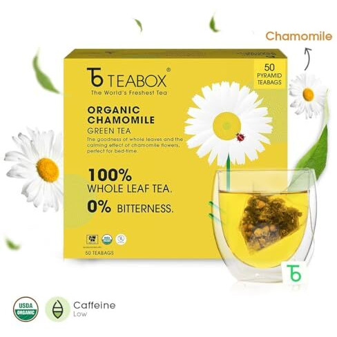 Teabox Premium Organic Green Tea With Chamomile Flowers | 100% Whole Leaf Green Tea From The Himalayas | USDA ORGANIC | 50 Tea Bags (Low Caffeine)