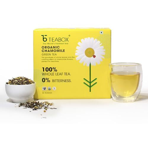 Teabox Premium Organic Green Tea With Chamomile Flowers | 100% Whole Leaf Green Tea From The Himalayas | USDA ORGANIC | 50 Tea Bags (Low Caffeine)