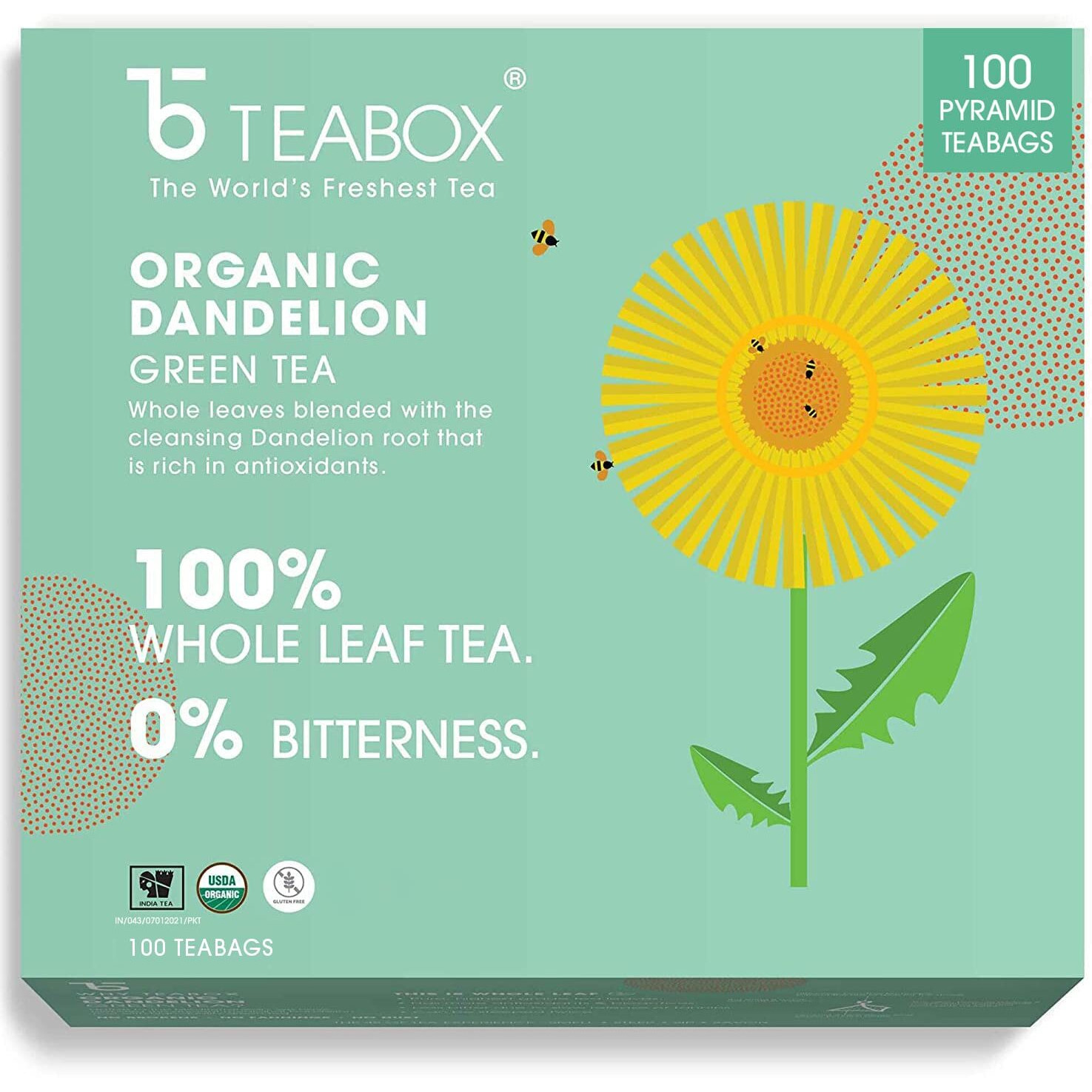Teabox Premium Organic Green Tea With Dandelion Roots | 100% Whole Leaf Green Tea From The Himalayas | USDA ORGANIC | 100 Tea Bags