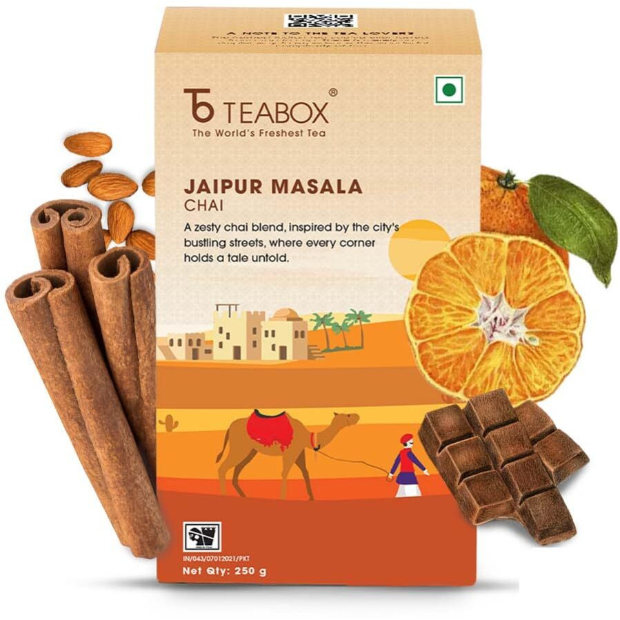 Teabox Jaipur Masala Chai 250 Grams | Inspired by the opulent palaces of Jaipur, a chai blend made with real spices | Blended With Cinnamon,Almond & Natural Orange..