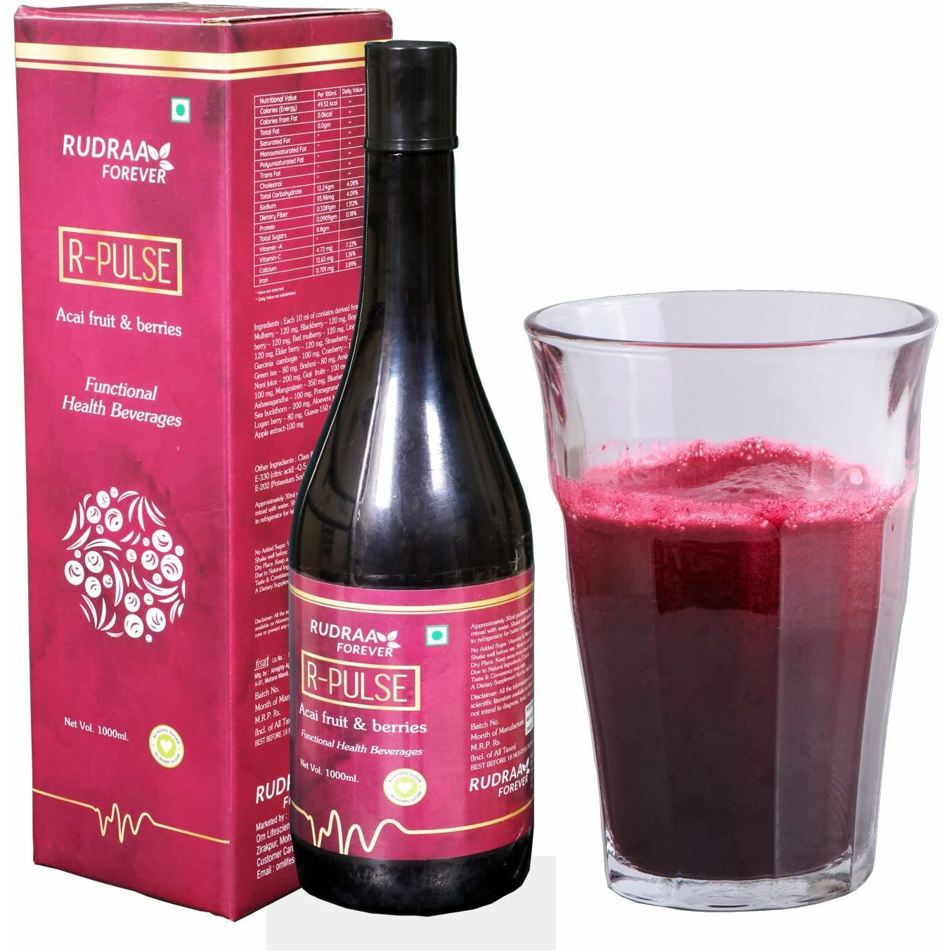Rudraa R-Pulse Acai Berry Juice For Body Antioxidant | Detoxification Antiviral | Immunity Booster | Weight Management | helping in UTI problem | 1000Ml