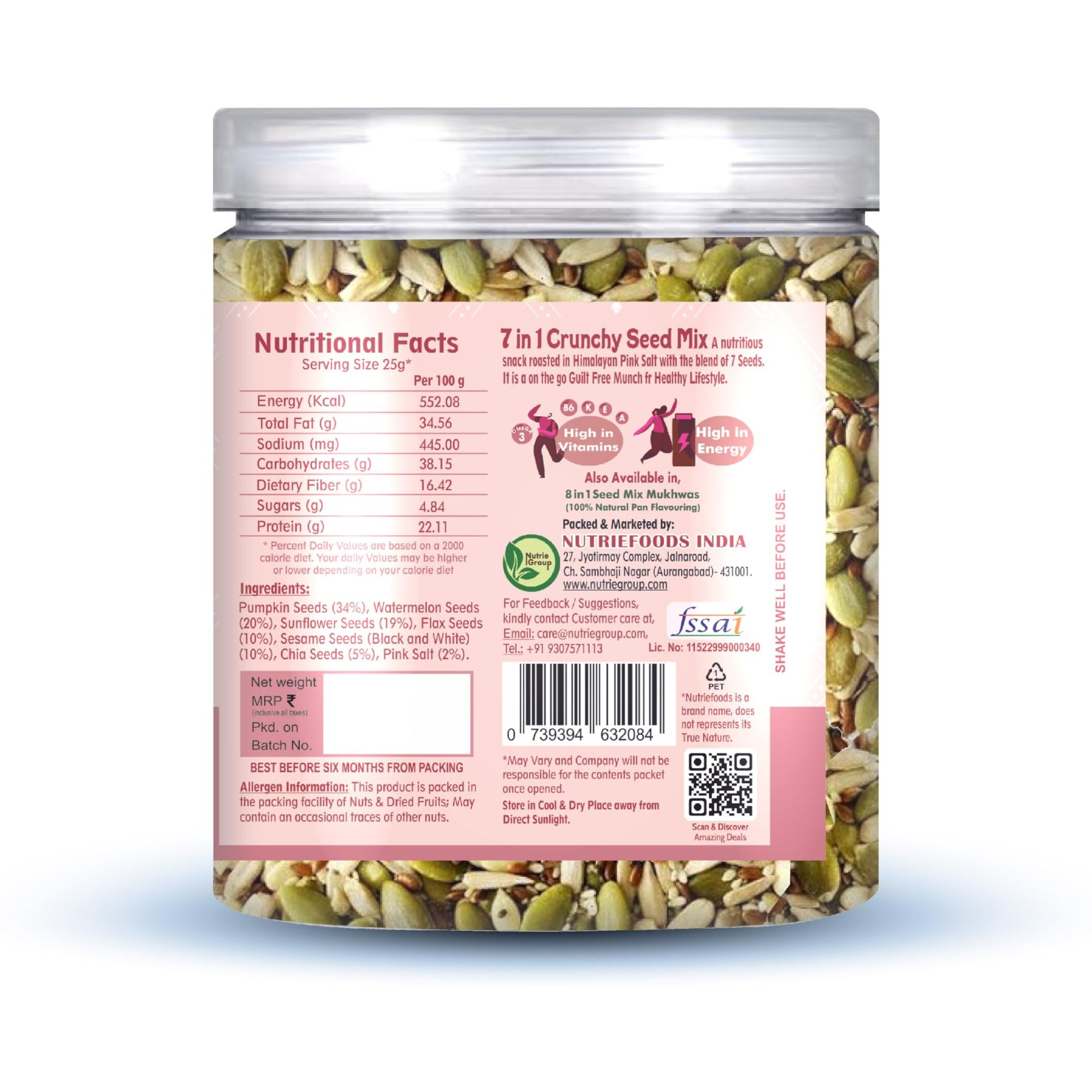NUTRIEFOODS Enriching Your Taste 7 in 1 Crunchy Seed Mix | Roasted in Himalayan Pink Salt | Sunflower, Chia, Flax, Pumpkin, Watermelon, Black & white Sesame Seeds (300gm)