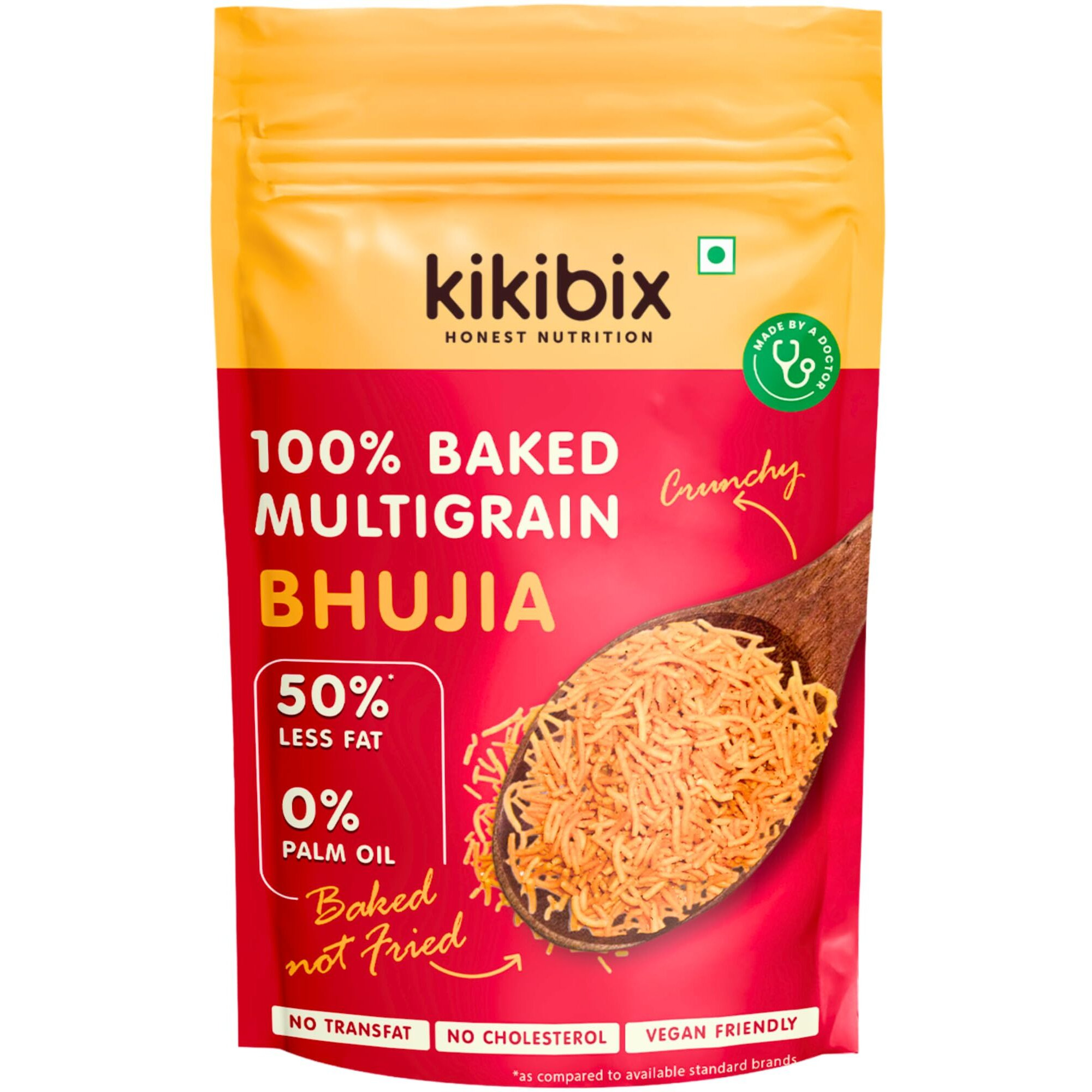 Kikibix Baked Multigrain Bhujiya Healthy Snacks, 50% Less Fat, 30% Less Calories - No Sugar, No Palm Oil, 100% Baked Not Fried - Pack of 1
