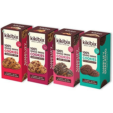 Kikibix Tasty & Healthy Cookies Assorted Combo Pack | No Maida & No Refine Sugar | Cranberry, Chocolate, Millet & Walnut Cookies | Natural Jaggery Biscuit | Multigrain Snacks For All | 520 Gms