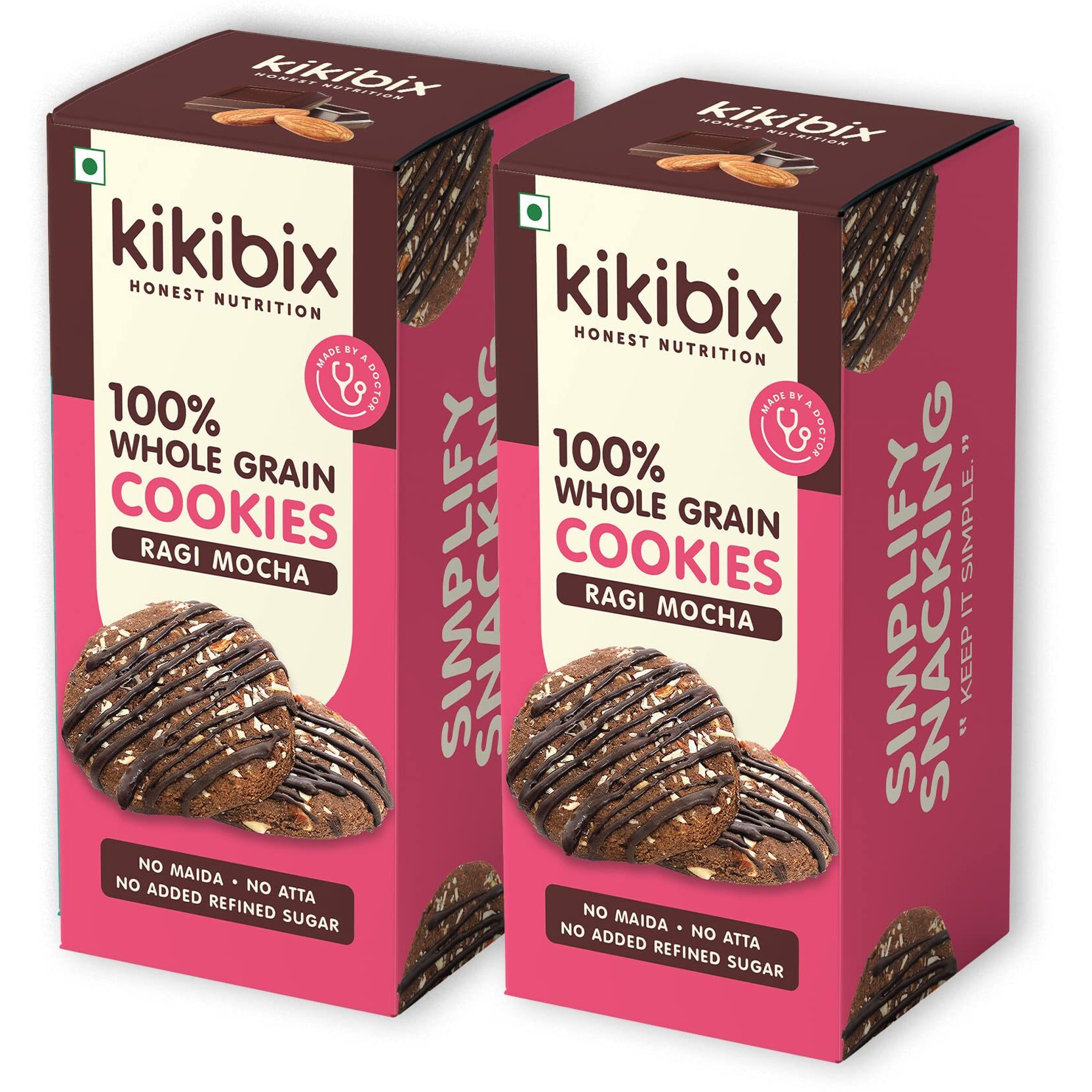 Kikibix Ragi Mocha Almonds, Organic Jaggery & Desi Ghee Cookies, No Maida, No Refined Sugar, Healthy & Tasty Chocolate Biscuits, High Fiber & Calcium Snack 130gms X Pack of 2