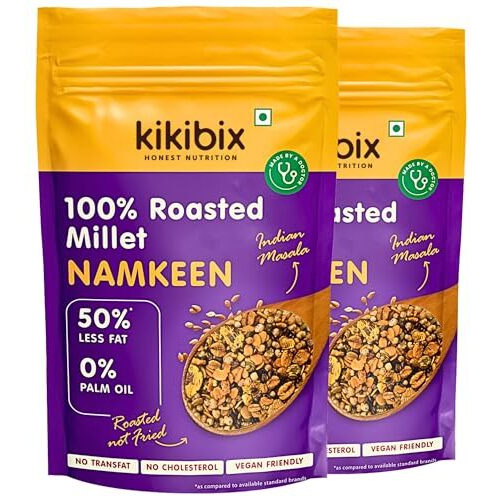Kikibix Roasted Millet Namkeen, Healthy Snacks 50% Less Calories, 60% Less Fat - 1g Fat Per Serving, Olive Oil- Pack of 2