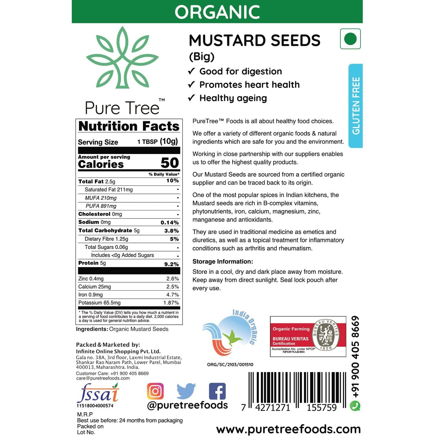 Pure Tree Certified Organic Mustard Seeds Big | 400 Gram | Black Mustard Rai Seeds Big | Sasive Seeds Whole Kali Rai Dana | Sarson Dana Indian Spice Gluten Free | Pack Of 2